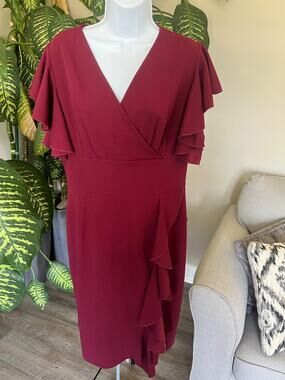 Knitee Deep V Ruffle Sleeve Sheeth XL Pencil Wine Dress #607